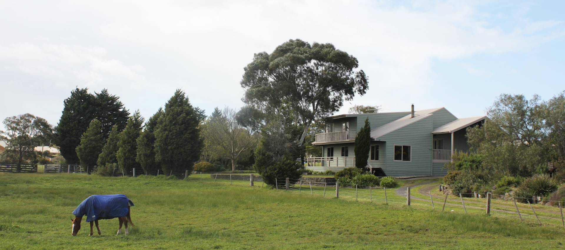 A photo of 'The Ranch' with a horse eating grass out the front.